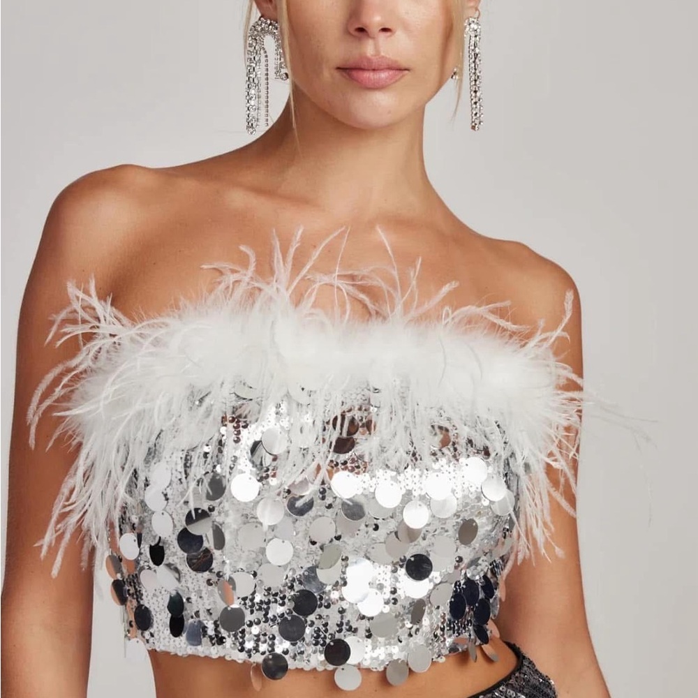 12th Tribe Silver Sequin Feather Top - Picture 2 of 4